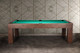 Side profile of the Doc & Holliday Paula Parsons Slate Pool Table in Antique Coffee, highlighting clean Parsons legs, slate surface, and leather corner pockets Side profile of the Doc & Holliday Paula Parsons Slate Pool Table in Antique Coffee, highlighting clean Parsons legs, slate surface, and leather corner pockets